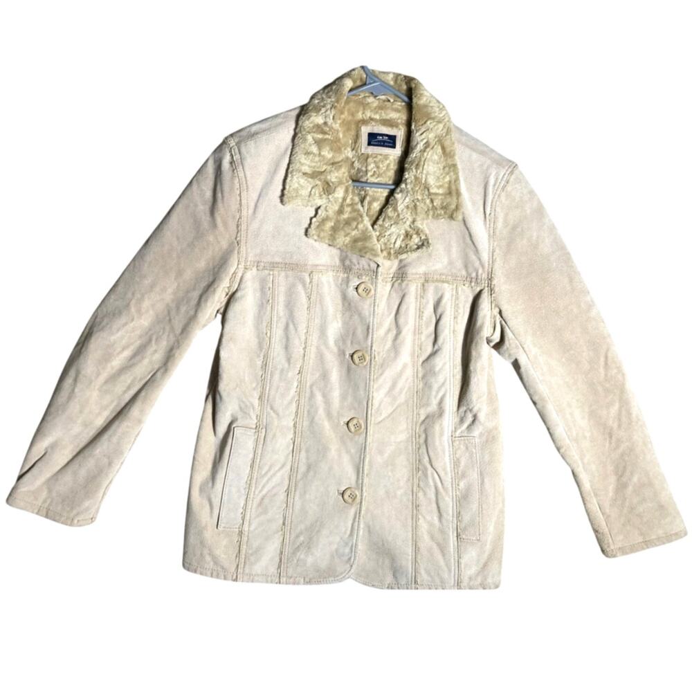 VTG Baileys Point Womens Leather Sherpa Like Trim Coat Jacket Light Tan Size Med